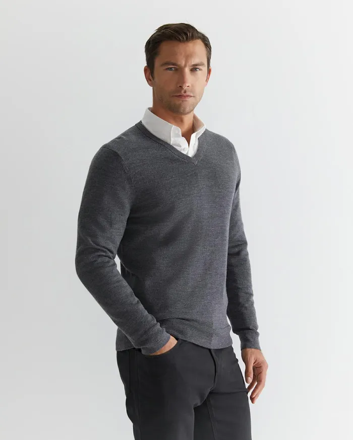 Sportscraft Merino VNeck Knit Charcoal Melange Men Knitwear