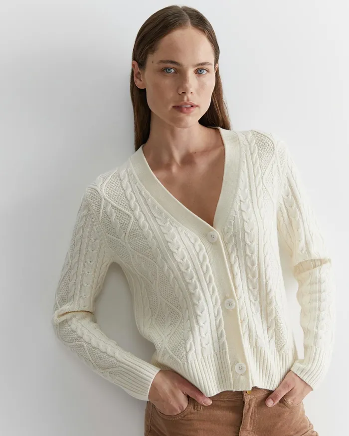Sportscraft Merino Wool Cable Cardigan Winter White Women Knits and Cardigans