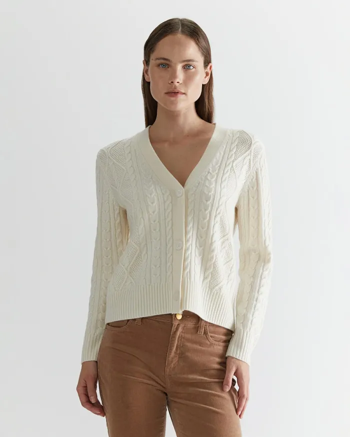 Sportscraft Merino Wool Cable Cardigan Winter White Women Knits and Cardigans