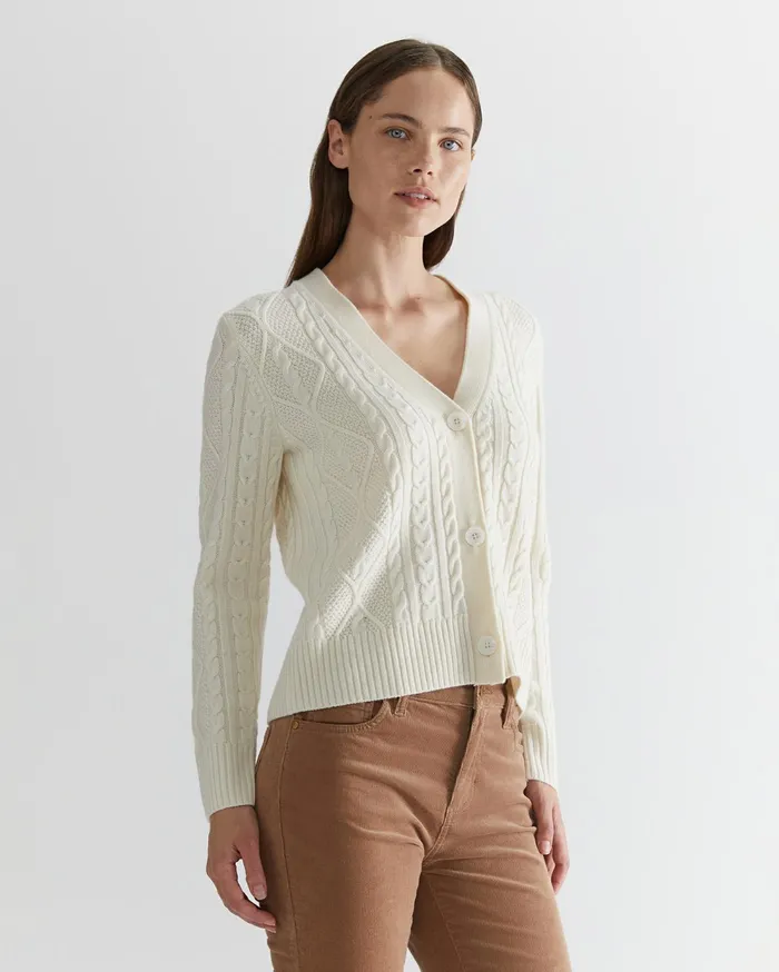 Sportscraft Merino Wool Cable Cardigan Winter White Women Knits and Cardigans
