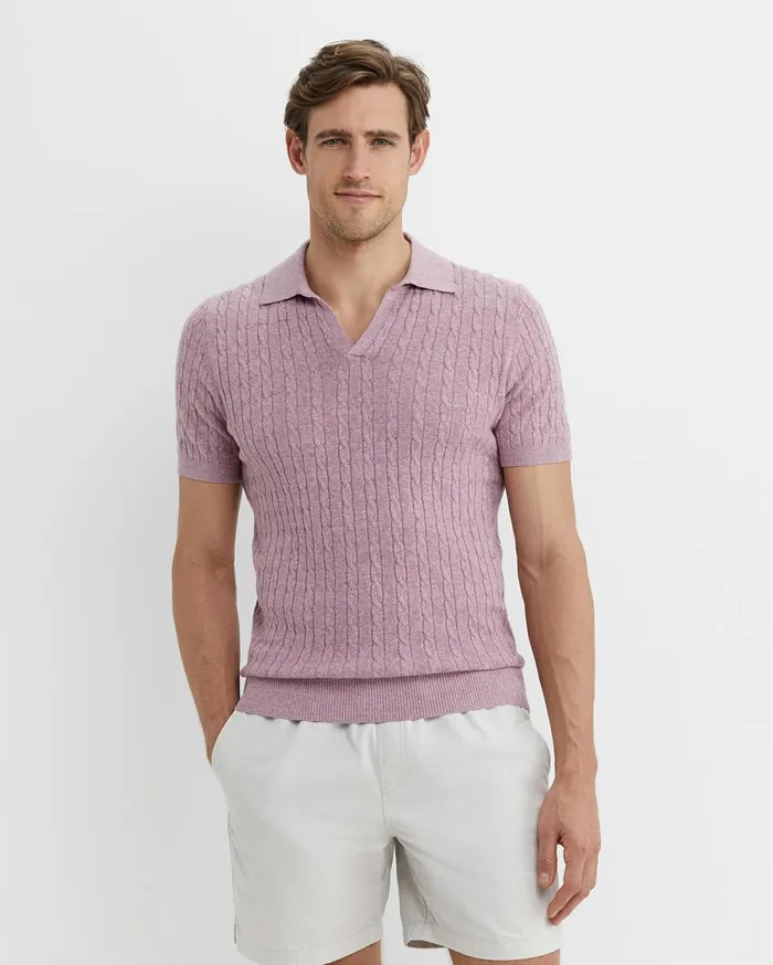 Sportscraft Murrinar Cable Knit Polo Pink Melange Men TShirts and Polos