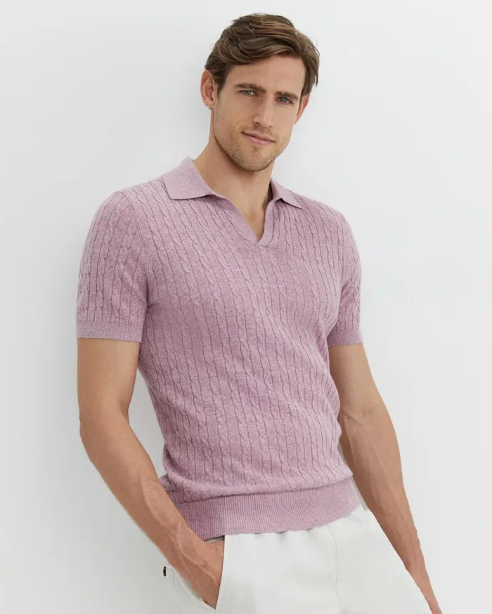 Sportscraft Murrinar Cable Knit Polo Pink Melange Men TShirts and Polos