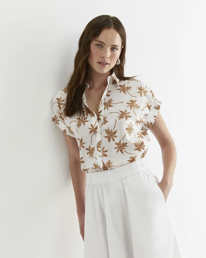 Sportscraft Palm Short Sleeve Lily Voile Shirt Tanwhite Women Shirts