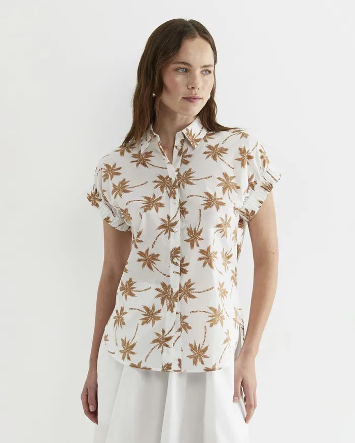 Sportscraft Palm Short Sleeve Lily Voile Shirt Tanwhite Women Shirts