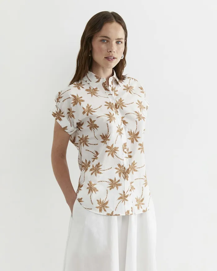 Sportscraft Palm Short Sleeve Lily Voile Shirt Tanwhite Women Shirts