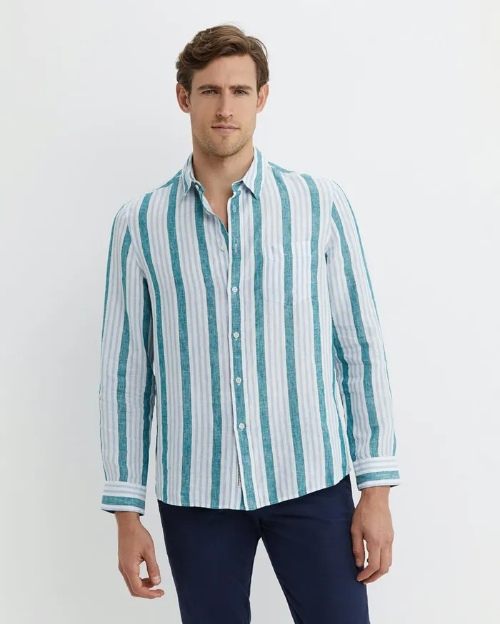 Sportscraft Pointon Long Sleeve Stripe Shirt Whiteblue Men Shirts