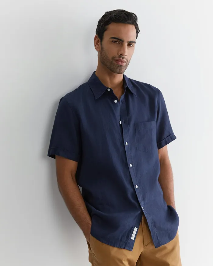 Sportscraft Short Sleeve Linen Shirt Navy Men Shirts