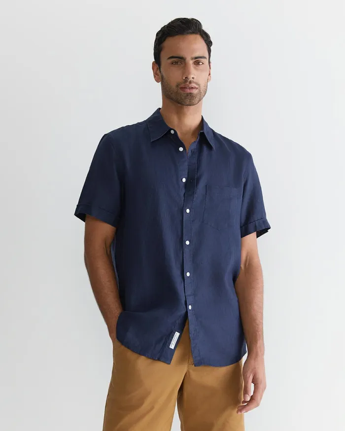 Sportscraft Short Sleeve Linen Shirt Navy Men Shirts