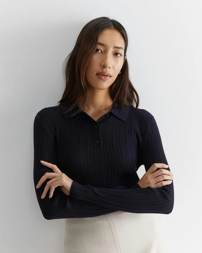 Sportscraft Wool Silk Polo Navy Women Knits and Cardigans