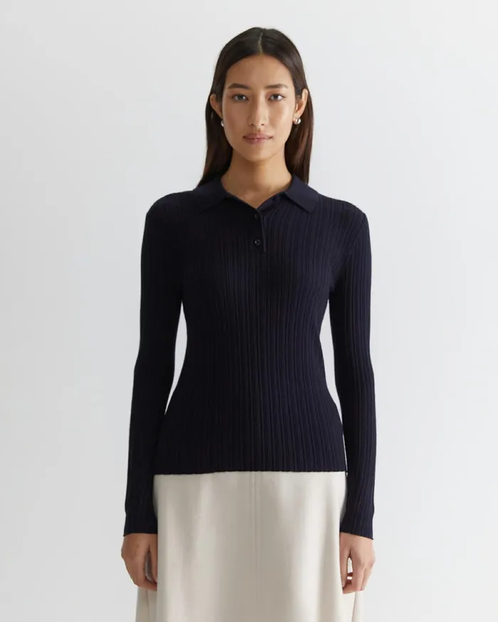 Sportscraft Wool Silk Polo Navy Women Knits and Cardigans