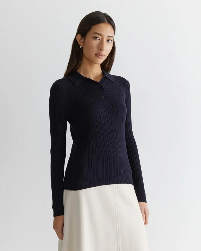 Sportscraft Wool Silk Polo Navy Women Knits and Cardigans