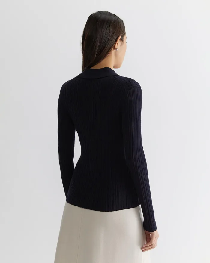 Sportscraft Wool Silk Polo Navy Women Knits and Cardigans