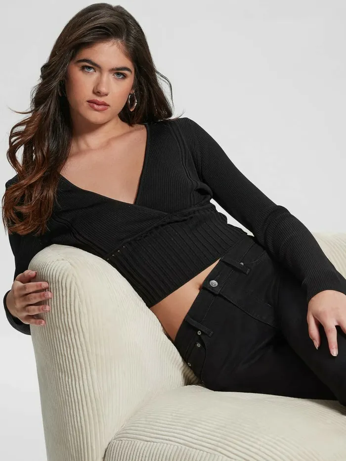 Surplice Soft Bandage Sweater Top Black Tops GUESS Women Surplice Soft Bandage Sweater Top Black Tops GUESS Women