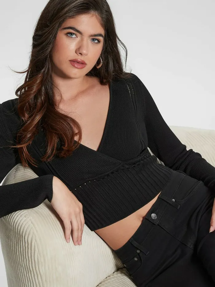Surplice Soft Bandage Sweater Top Black Tops GUESS Women Surplice Soft Bandage Sweater Top Black Tops GUESS Women