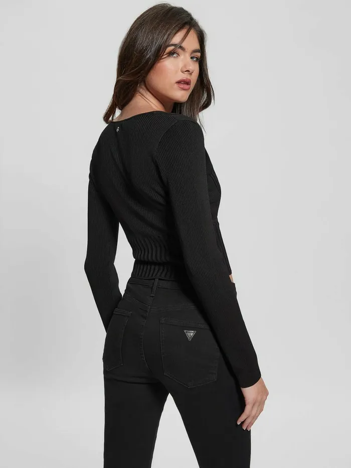 Surplice Soft Bandage Sweater Top Black Tops GUESS Women Surplice Soft Bandage Sweater Top Black Tops GUESS Women
