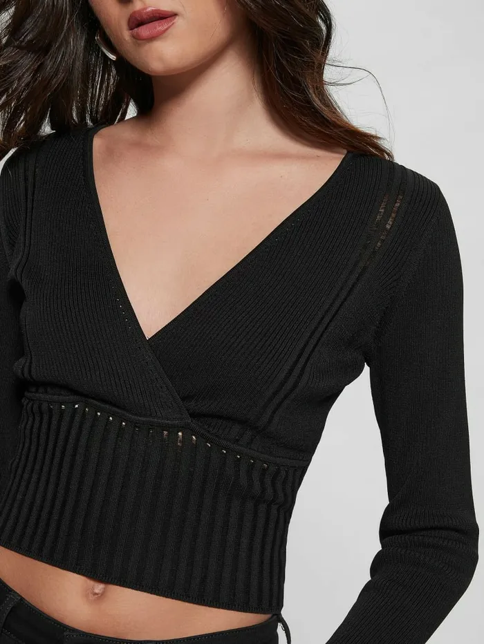 Surplice Soft Bandage Sweater Top Black Tops GUESS Women Surplice Soft Bandage Sweater Top Black Tops GUESS Women