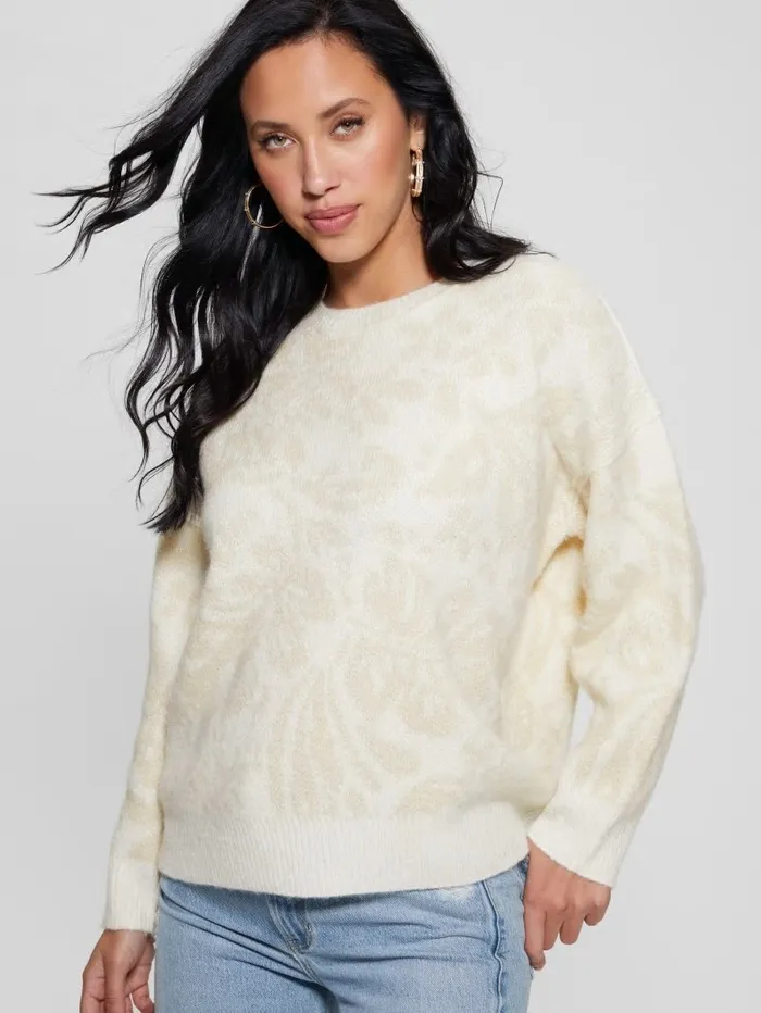 Sweaters and Knits Women Hibiscus WoolBlend Sweater Folk Floral Print Dove Wh GUESS