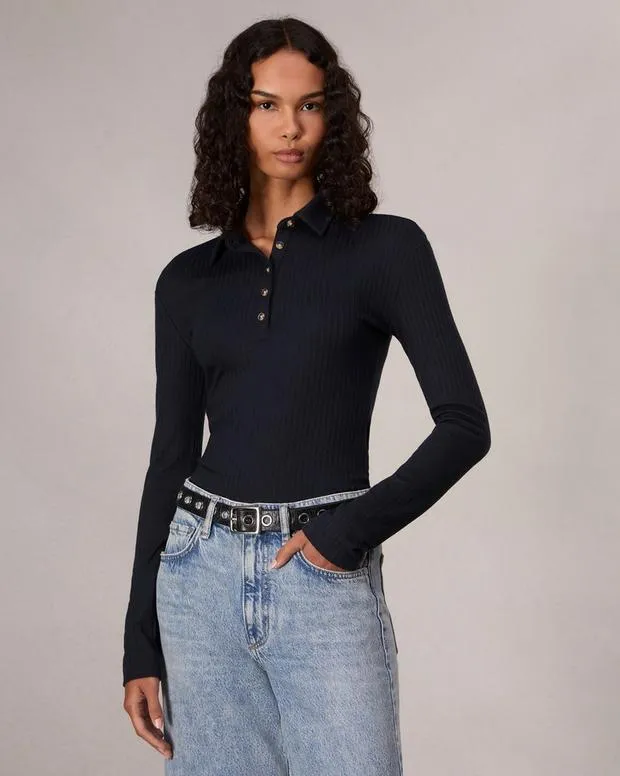 Sweaters and SweatshirtsShirts and Tops The Knit Rib Polo Shirt Dark ChocolateLight BlueSalute 8211 rag and bone Women