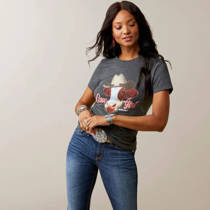TShirts and Tops Women Ariat Ariat Cow Girl TShirt Charcoal Heather