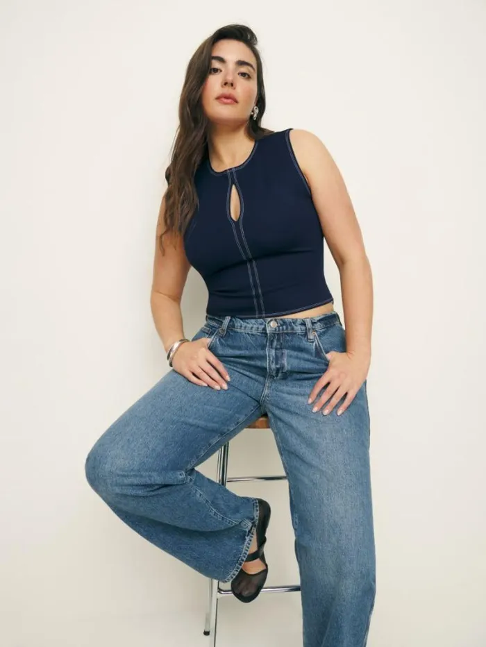 The Reformation Carsyn Knit Top Navy 8211 Clothing