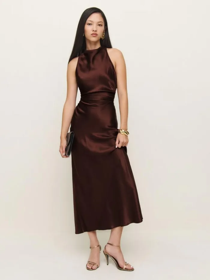The Reformation Casette Silk Dress Mahogany 8211 ClothingWeddings