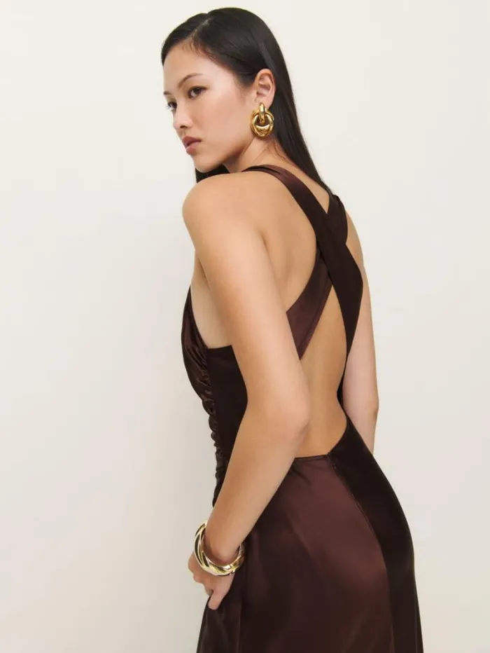 The Reformation Casette Silk Dress Mahogany 8211 ClothingWeddings