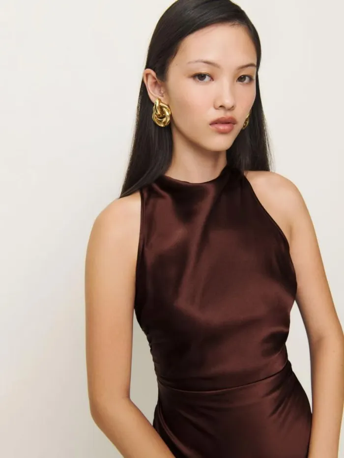 The Reformation Casette Silk Dress Mahogany 8211 ClothingWeddings