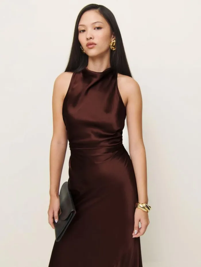 The Reformation Casette Silk Dress Mahogany 8211 ClothingWeddings
