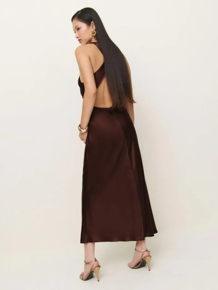 The Reformation Casette Silk Dress Mahogany 8211 ClothingWeddings