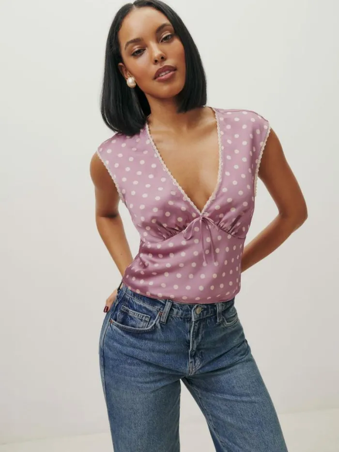 The Reformation Cherry Silk Top Mauve Dot 8211 Clothing