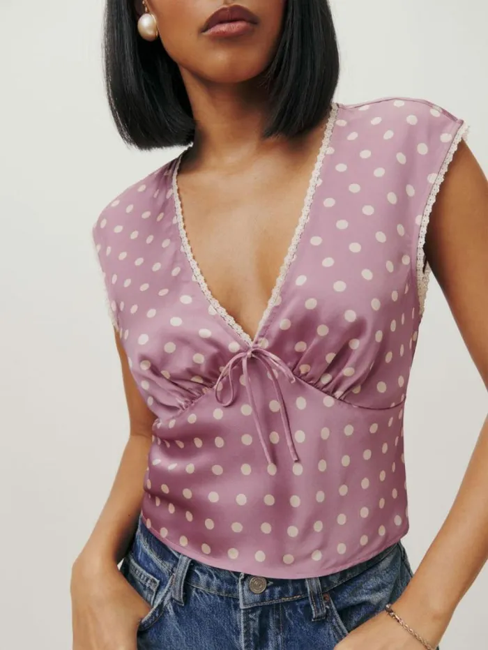 The Reformation Cherry Silk Top Mauve Dot 8211 Clothing