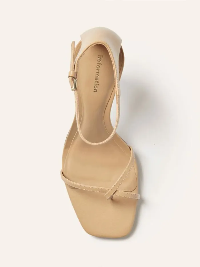 The Reformation Gigi Strappy Mid Heel Sandal Buff 8211 WeddingsShoes
