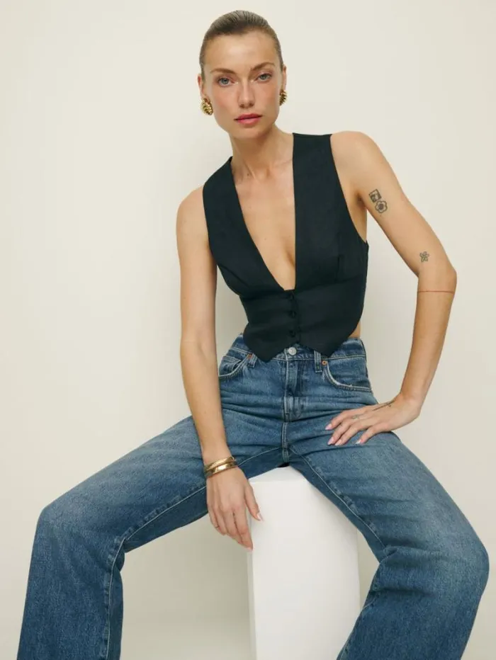 The Reformation Sofia Cropped Linen Vest Black 8211 Clothing