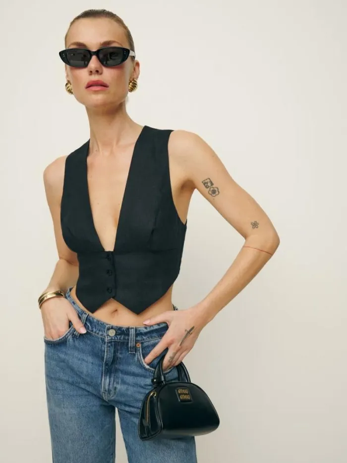 The Reformation Sofia Cropped Linen Vest Black 8211 Clothing