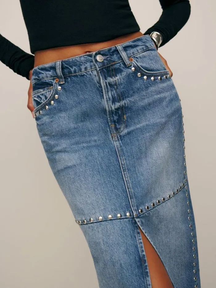 The Reformation Tazz Maxi Denim Skirt Hemlock Studded 8211 Clothing