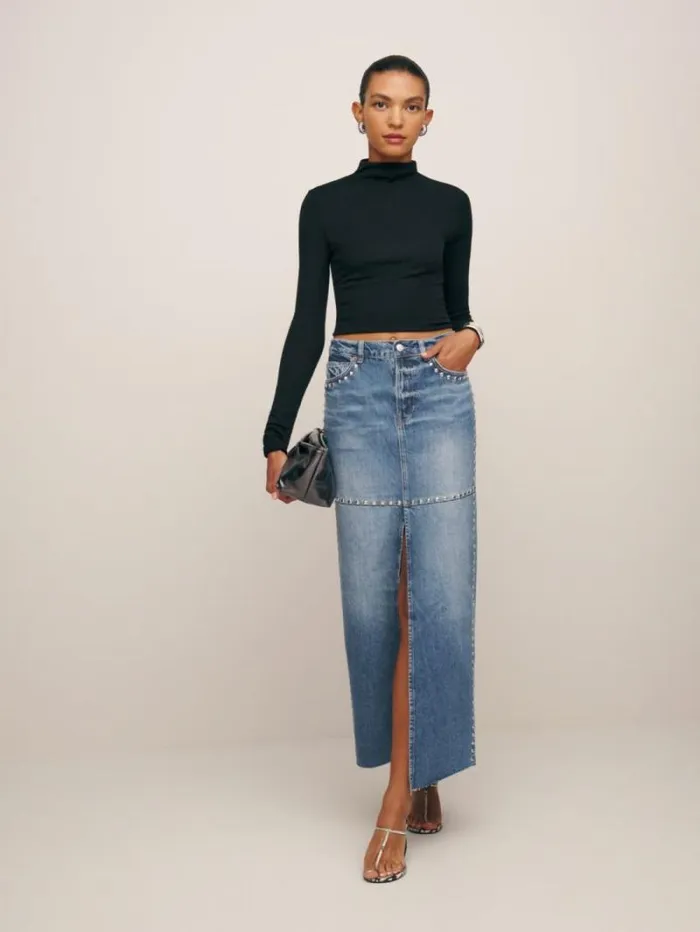 The Reformation Tazz Maxi Denim Skirt Hemlock Studded 8211 Clothing
