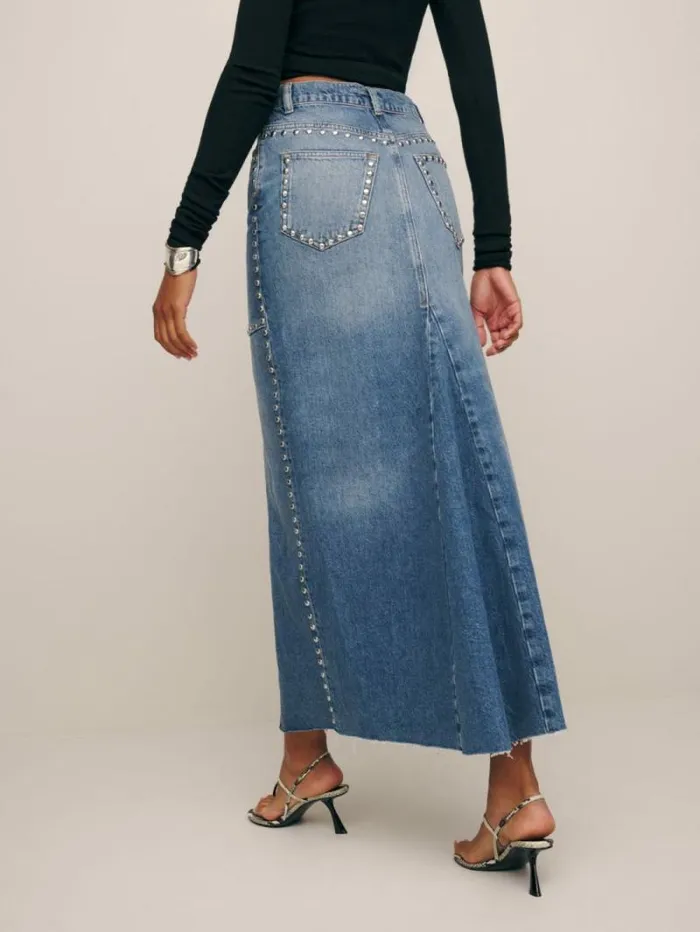 The Reformation Tazz Maxi Denim Skirt Hemlock Studded 8211 Clothing