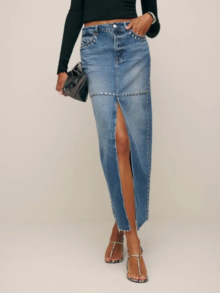 The Reformation Tazz Maxi Denim Skirt Hemlock Studded 8211 Clothing
