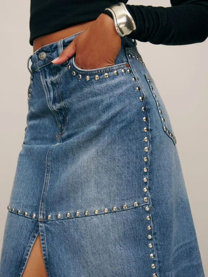 The Reformation Tazz Maxi Denim Skirt Hemlock Studded 8211 Clothing