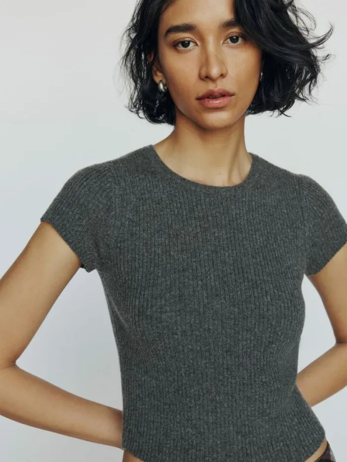 The Reformation Teo Cashmere Short Sleeve Sweater Charcoal 8211 Clothing