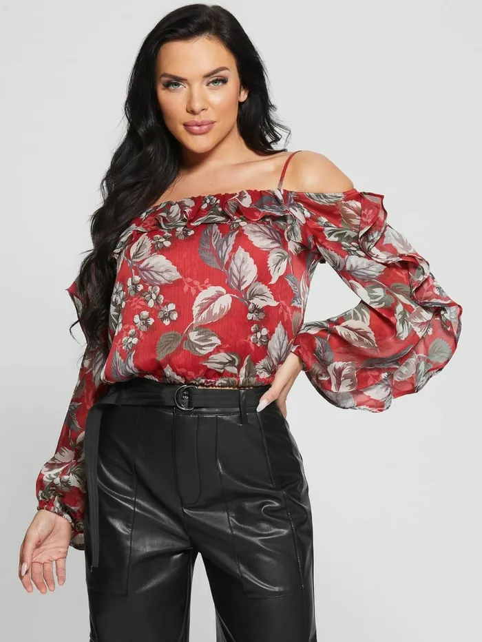 Tops Eco Iggy Floral Ruffle Top Coachwood Estate Print GUESS Women