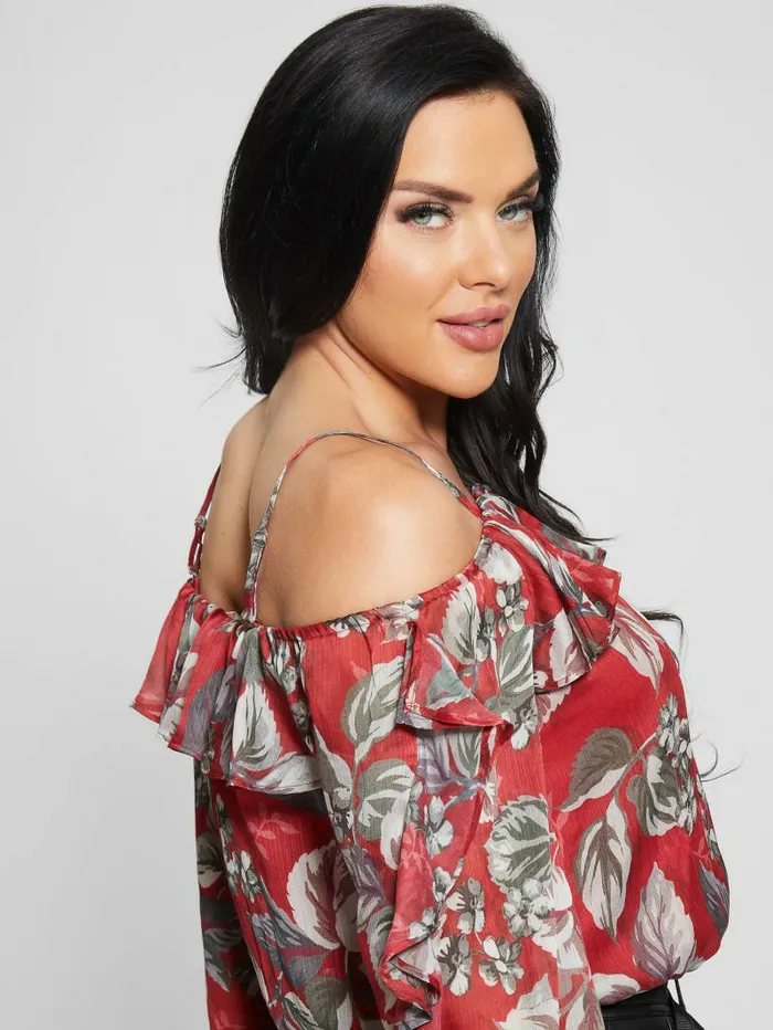 Tops Eco Iggy Floral Ruffle Top Coachwood Estate Print GUESS Women Tops Eco Iggy Floral Ruffle Top Coachwood Estate Print GUESS Women