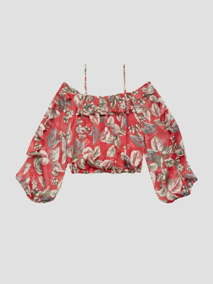 Tops Eco Iggy Floral Ruffle Top Coachwood Estate Print GUESS Women Tops Eco Iggy Floral Ruffle Top Coachwood Estate Print GUESS Women