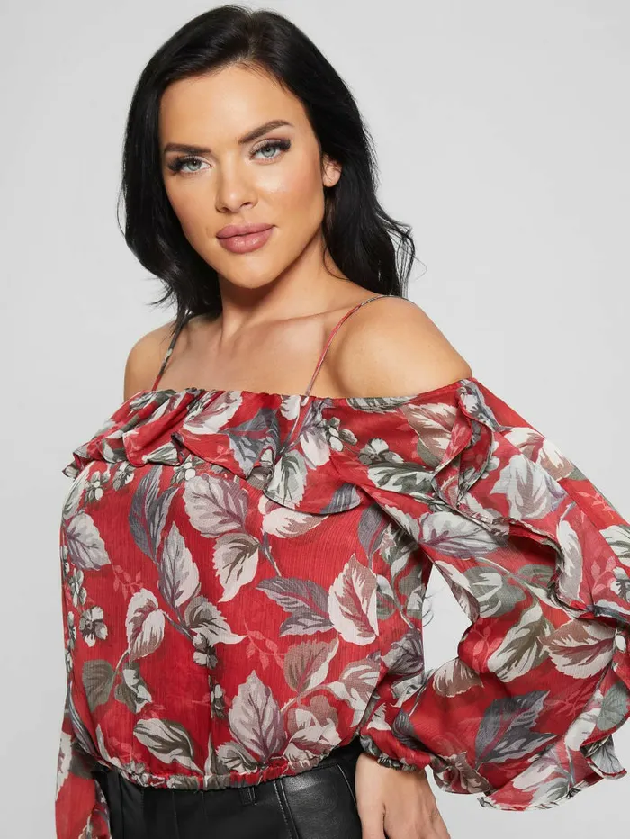 Tops Eco Iggy Floral Ruffle Top Coachwood Estate Print GUESS Women Tops Eco Iggy Floral Ruffle Top Coachwood Estate Print GUESS Women