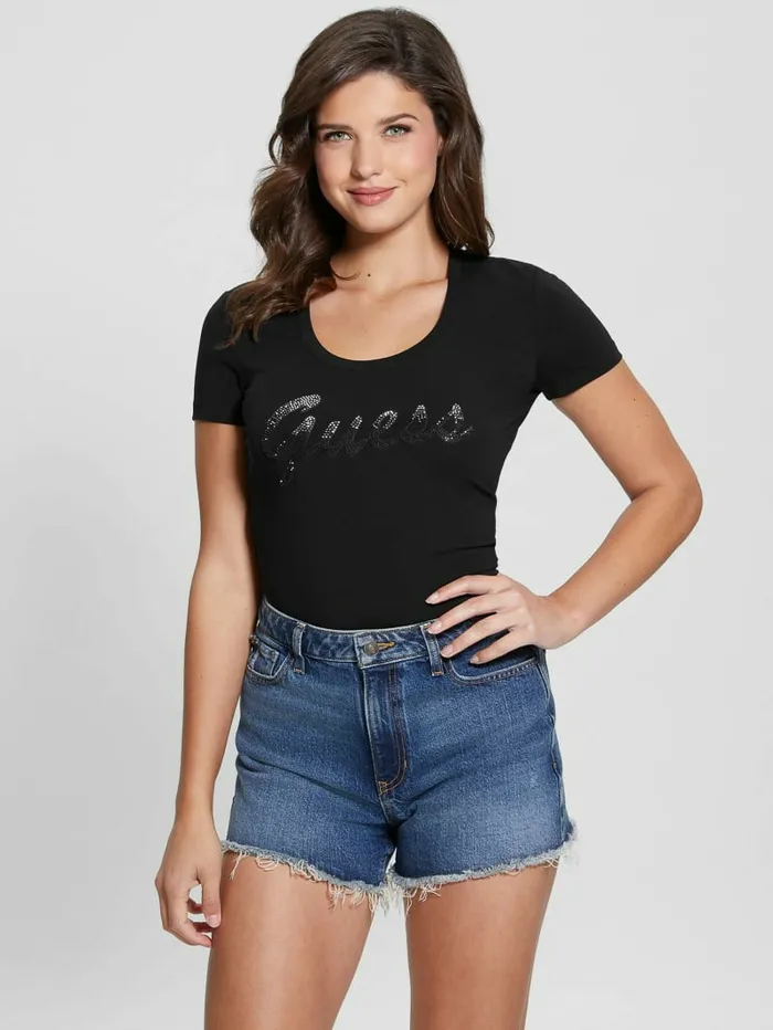 Tops Eco Ombre Rhinestone Monogram Tee Black 8211 GUESS Women