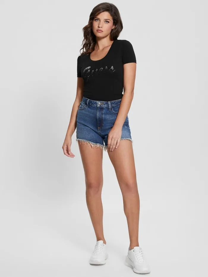 Tops Eco Ombre Rhinestone Monogram Tee Black 8211 GUESS Women Tops Eco Ombre Rhinestone Monogram Tee Black 8211 GUESS Women