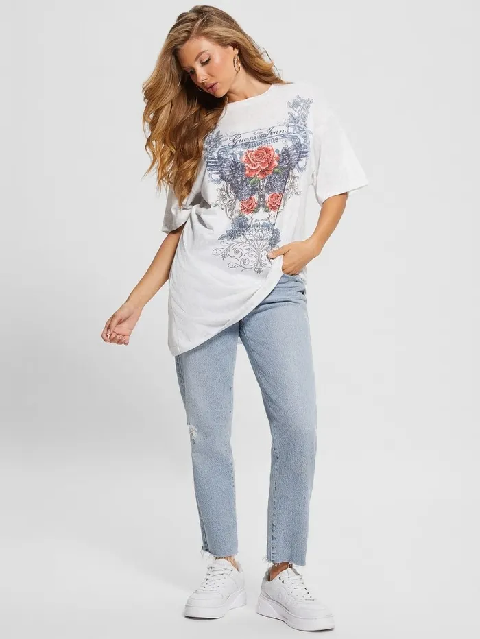 Tops Rose Wings Oversized Graphic Tee Pure White Multi 8211 GUESS Women Tops Rose Wings Oversized Graphic Tee Pure White Multi 8211 GUESS Women