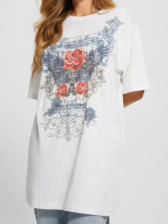 Tops Rose Wings Oversized Graphic Tee Pure White Multi 8211 GUESS Women Tops Rose Wings Oversized Graphic Tee Pure White Multi 8211 GUESS Women