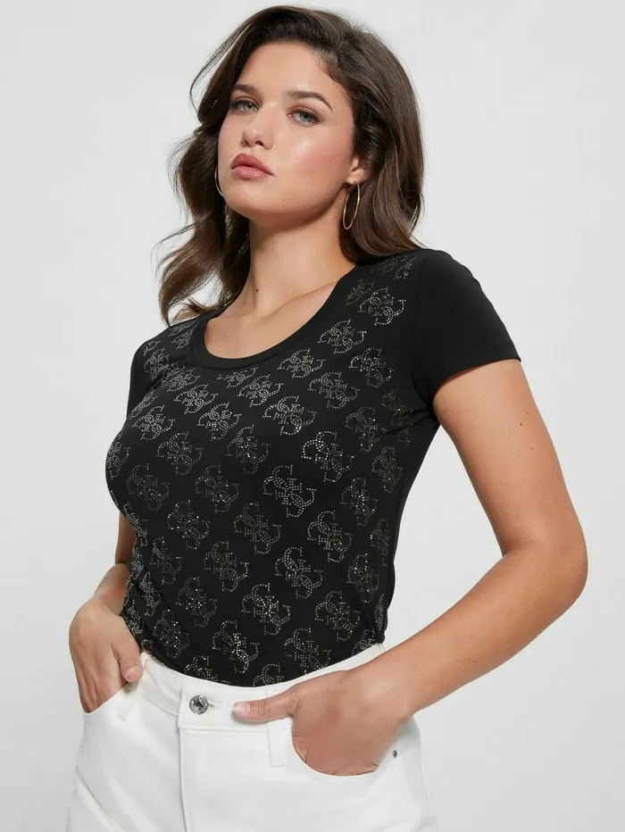 Tops Women Rhinestone Quattro G Tee Black GUESS