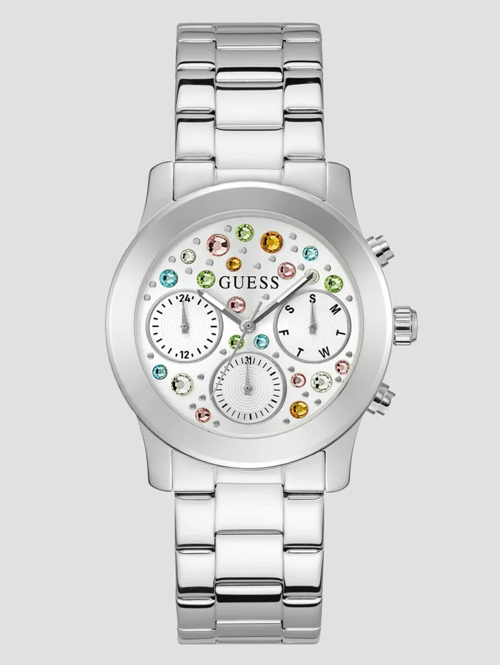 Watches SilverTone Colored Crystal Multifunction Watch Silver 8211 GUESS Women